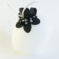 black and white fascinator with feathers